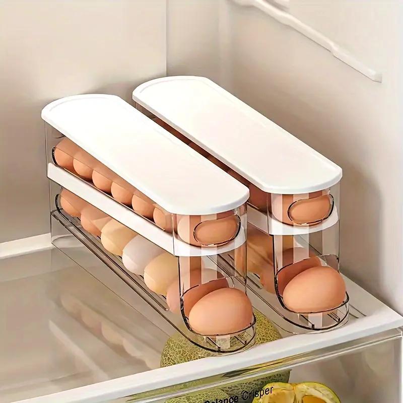 Double Layer Egg Storage Box, 1 Count Space Saving Rolling Egg Storage Box, Washable Plastic Egg Holder for Refrigerator, Household Home Organization, Stackable Fridge Organizer