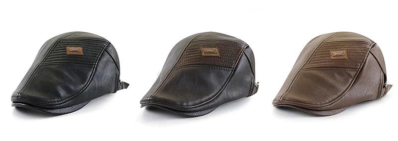 PU Leather Beret Hat Men Autumn Winter Faux Leather Duckbill Newsboy Cap Herringbone Middle-aged Men's Flat Peaked Cap For Dad
