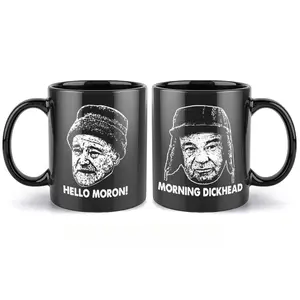 11oz & 15oz Solid All Black Two Sided Funny Grumpy Old Man Ceramic Coffee Mug,Front Hello Moron Back Morning Dickhead Rude Sarcastic Ushanka Hat Man Sketch Printed Tea Cup,Edgy Offensive Humor Grumpy Meme Slogan Double Sided Mug