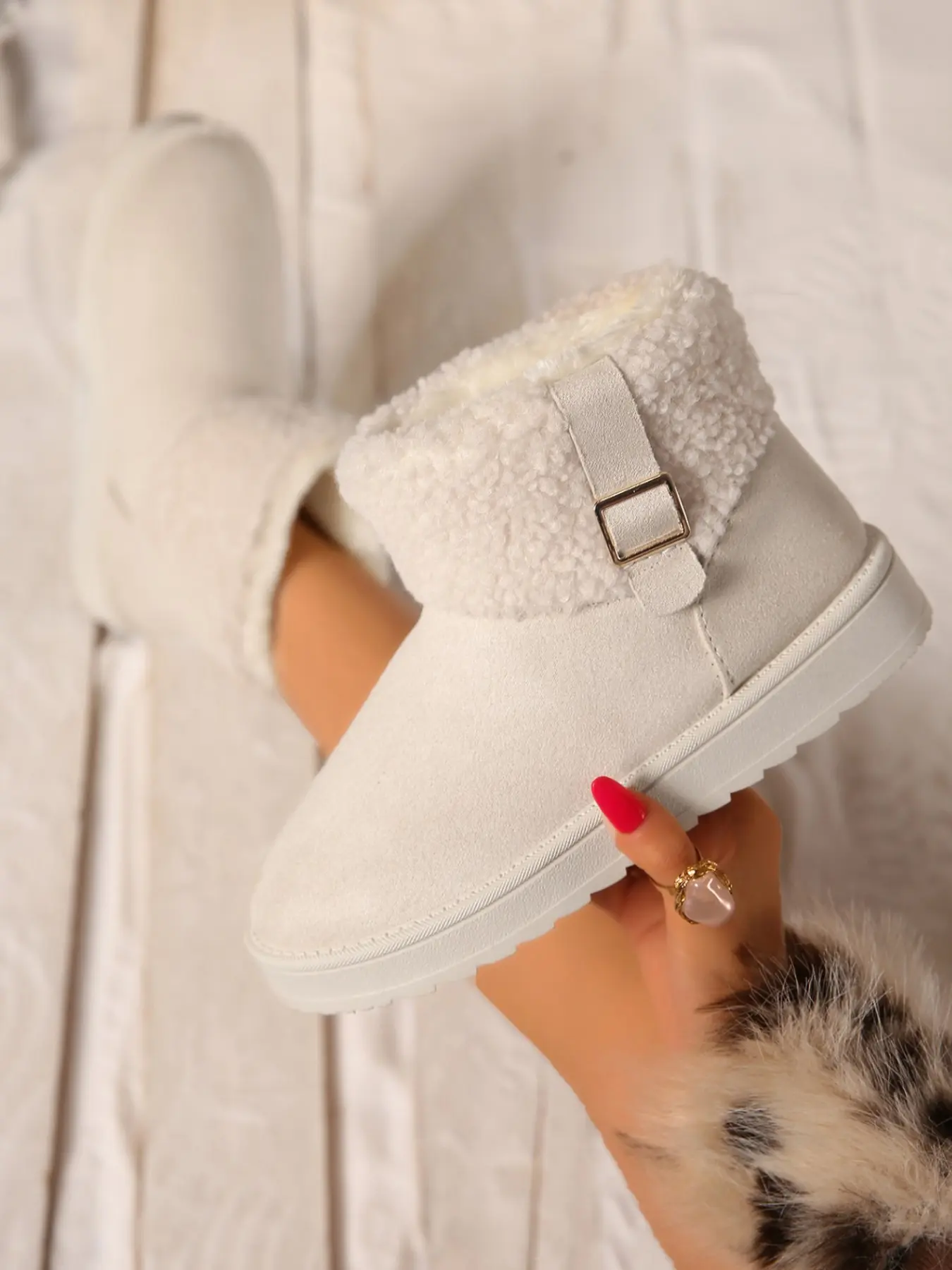 Women's Foldable Lamb Fur Buckle Thick Sole Snow Boots, Full Lining Warm Ankle Boot, Non-Slip Two-Way Wear, Fall Winter Casual Shoes