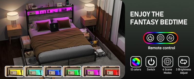 Queen Size Bed Frame with 4 Storage Drawers and Headboard with Charging Station and LED Lights,2 Tier Solid Wood Headboard Storage/Noise Free/No Box Spring Needed/Remote Control/Rustic Grey Queen Size Bed Frame with 4 Storage Drawers and Headboard with Charging Station and LED Lights,2 Tier Solid Wood Headboard Storage/Noise Free/No Box Spring Needed/Remote Control/Rustic Grey