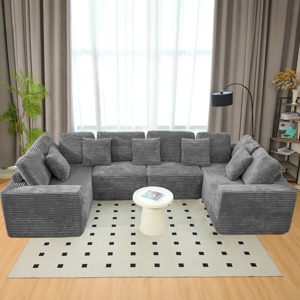 135.5-inch Modular U-Shaped Sectional Sofa, 6-Seater Chaise Lounge with Reversible Design, Striped Corduroy Fabric in GREY–Living Room Couch, Freely Configurable Layout.(Old Sku:W3276S00006)