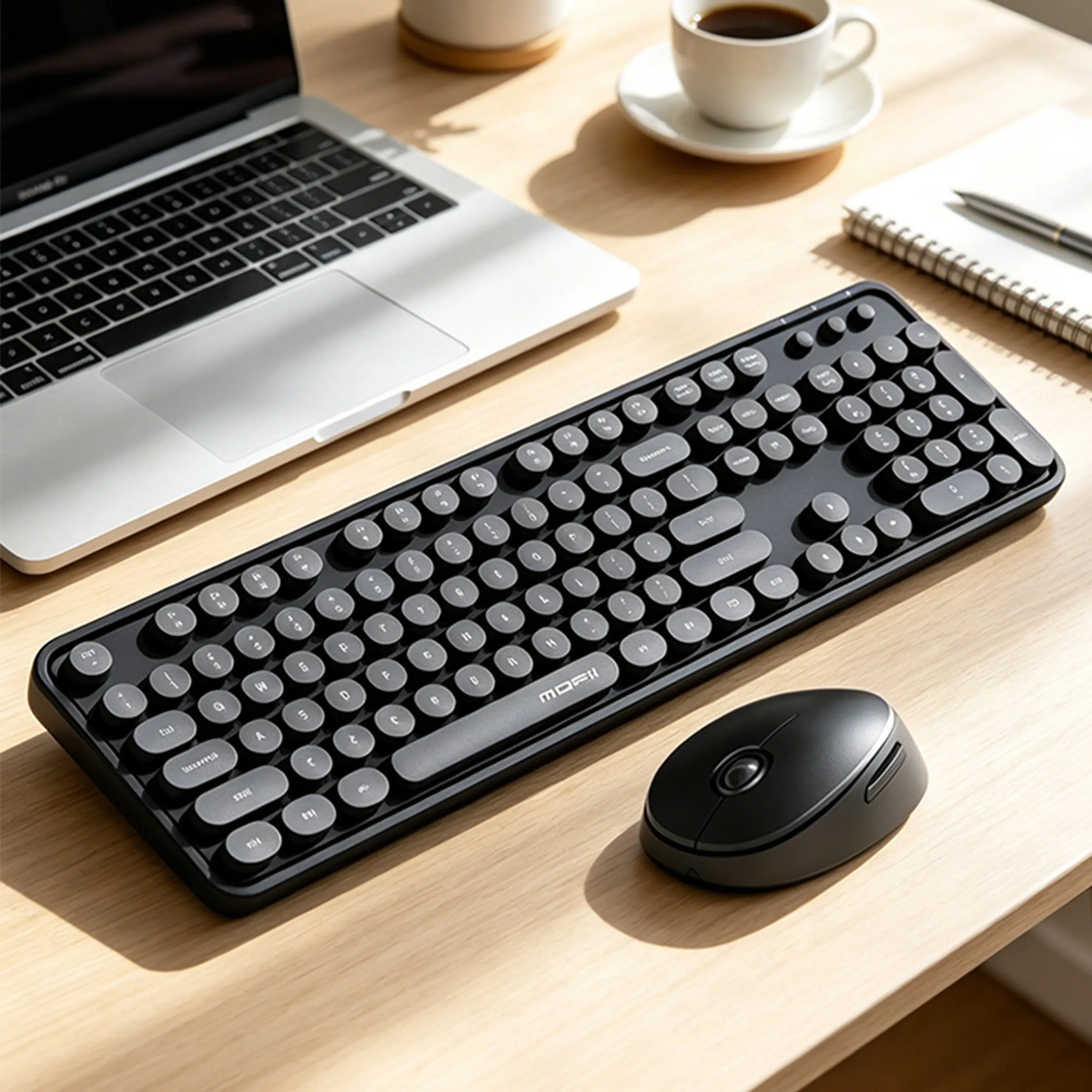 MOFii Sweet Solid Black Retro Round Keycaps Wireless Keyboard & Mouse Set, Minimalist Business Office Combo, Compatible with Laptops & Desktops
