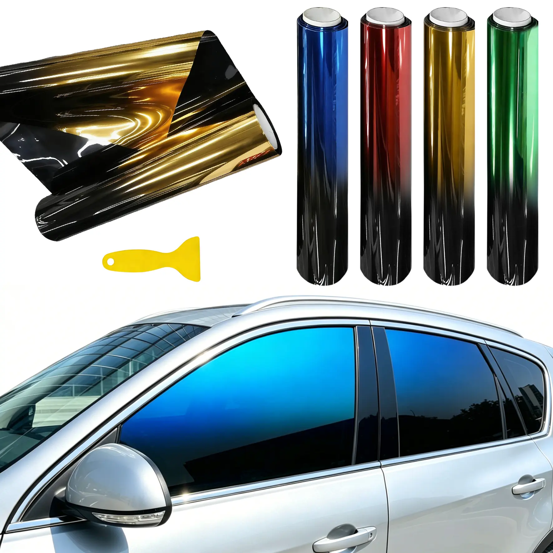 Two-Tone Gradient Car Side Window Tint Film Roll, 19.7x118inch PET Sun Shade, UV Protection, Heat Insulation, Privacy, DIY Install, Color Changing Decorative Film for Cars, SUVs, RVs