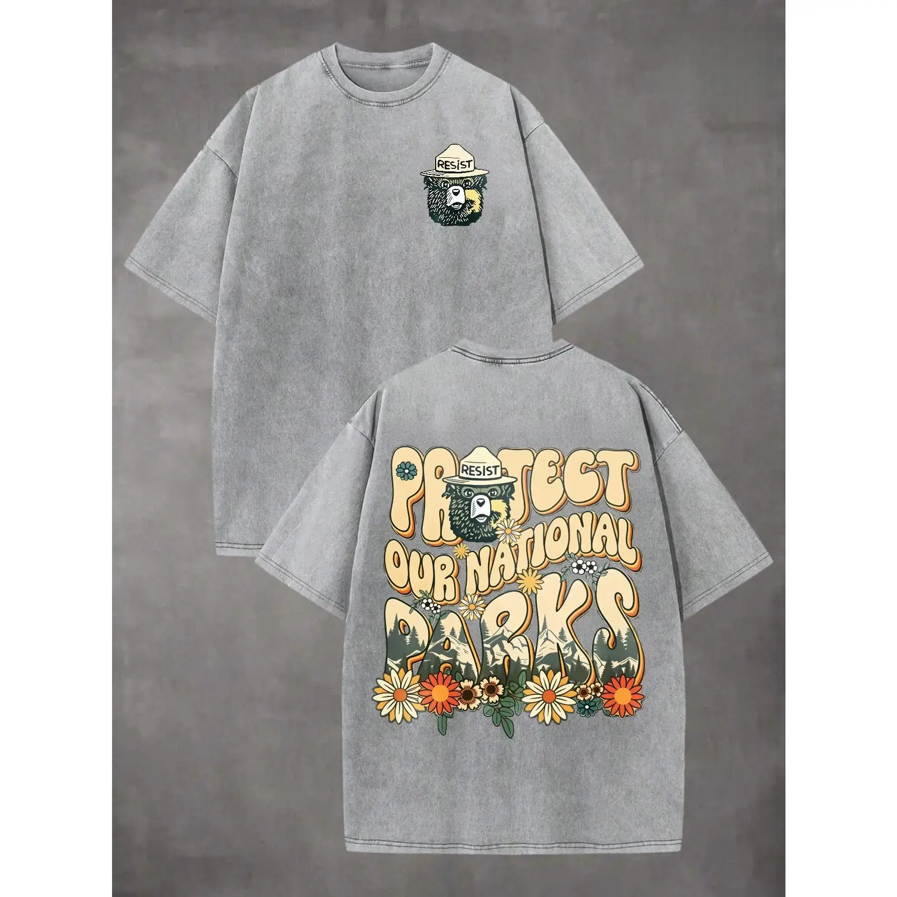 Women's Short-Sleeve Casual Fit National Parks Graphic Tee - Retro Bear Print, Nature-Inspired, Protect Our Parks Shirt for Hiking, Camping, Outdoor Gift, Shortsleeve, Fabric, Round Neck, Oversized, Trend, Soft, Everyday