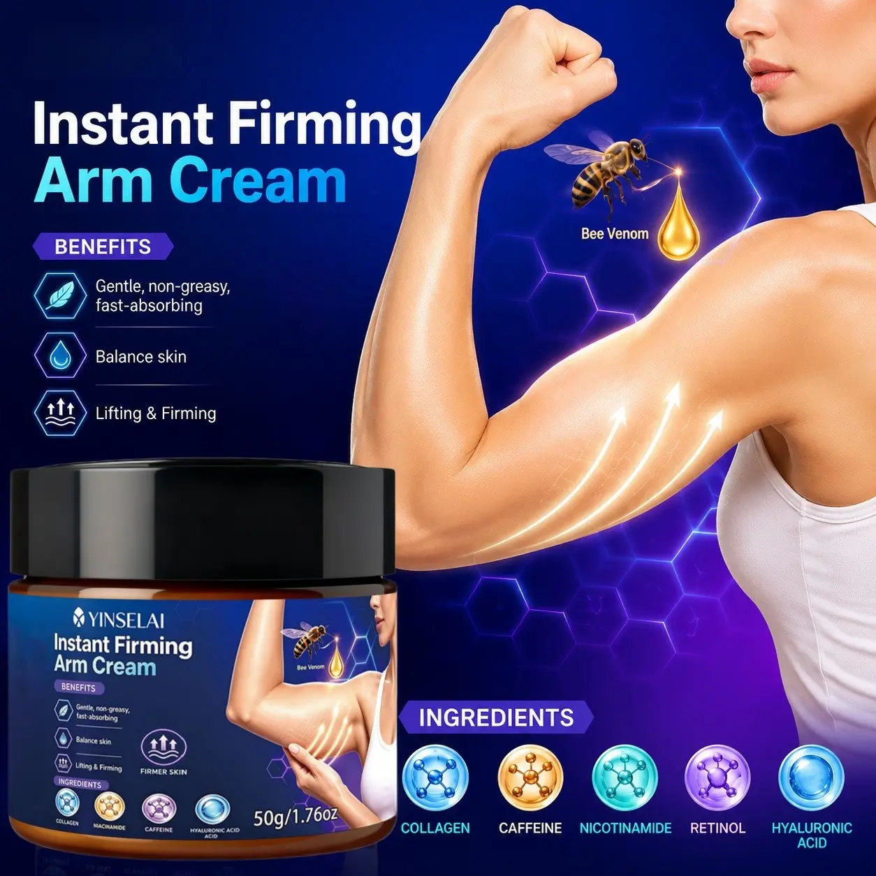 Bee Venom Sculpting Arm Cream 50g, Body Firming Cream, Moisturizing and Firming, Instantly Tightens Loose Skin, Suitable for Arms, Abdomen, Thighs, Buttocks