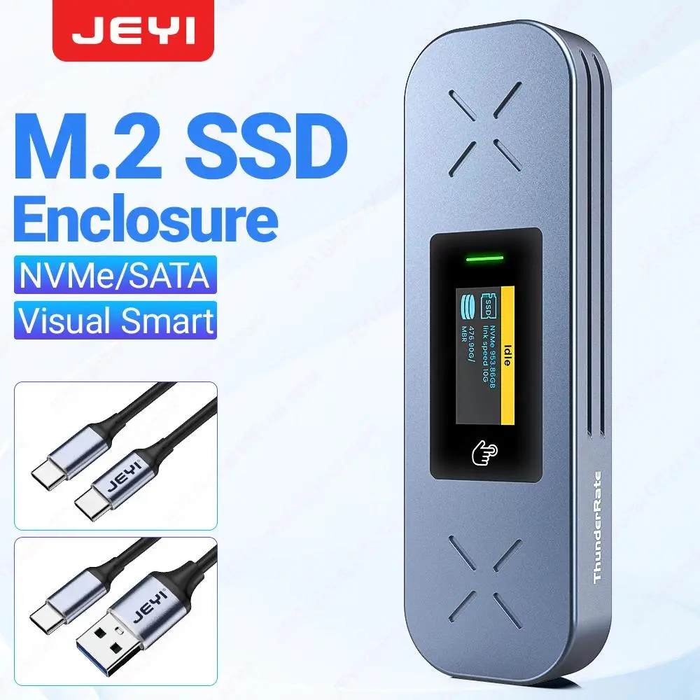 JEYI Visual Smart Aluminum M.2 SSD Enclosure, USB 3.2 (Backward Compatible with USB 3.0) 10Gbps Portable External Adapter Case, 103mm×32.5mm×11.5mm High Intensity, Supports NVME/SATA Dual Protocols, UASP Trim, 1G File Transfer in 1 Second