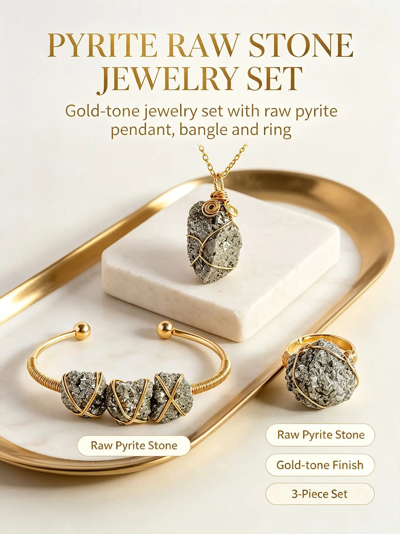Natural Crystal Raw Pyrite Wire Wrapped Jewelry Set, Pyrite Pendant, Open Cuff Bracelet, Adjustable Ring, Boho Gemstone Jewelry Gift