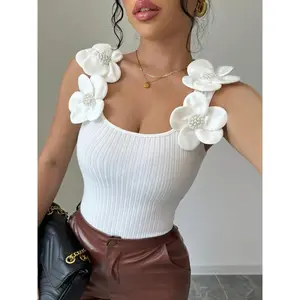 1 Piece Summer Women Lady Slim Bodycon Square Neck Camisole Top, Fitted Cami Top, 3D Flower Decor Sleeveless Ribbed Knit Tank Top, Sexy Waist Shaping Figure Flattering Party Club Night Out Daily Casual Vintage Elegant Going Out Fashion Clothes