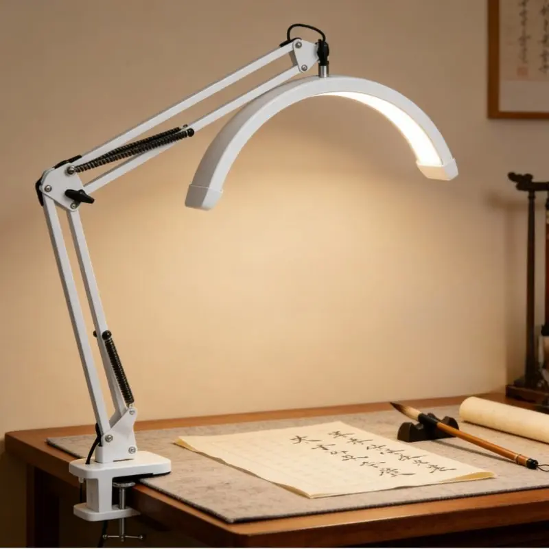 Height Adjustable Swing Arm Half Moon LED Nail Desk Lamp, Clip Mount, Flicker-Free, Eye Protection, for Nail Art, Tattoo, Makeup Artist
