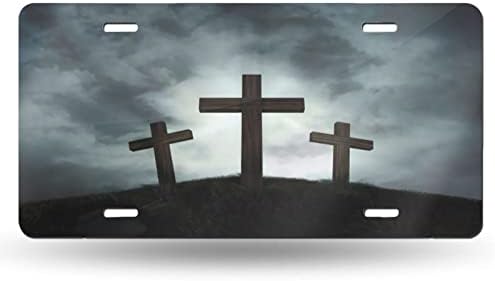 Three Crosses Front License Plate 6x12 – Christian Golgotha Aluminum Vanity Tag for Car Truck SUV – Religious Gift with 4 Holes