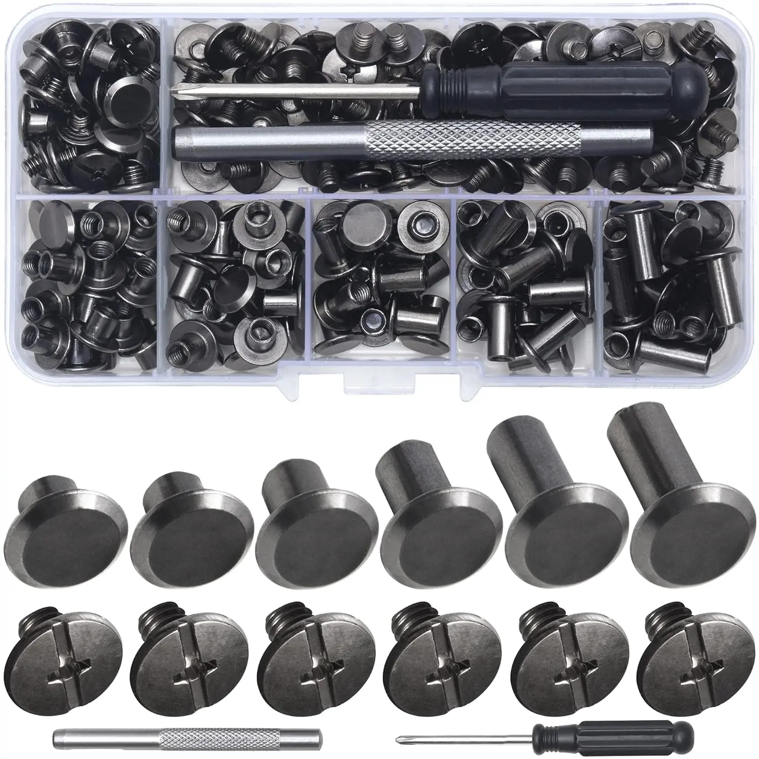 110 Sets Chicago Screws Leather Rivets Assorted Screw Rivets Chicago Binding Screws for Decorating and Repairing Leather Crafts, Belts, Bags, Shoes, Purses, Bookbinding (Gunmetal Black, M5*4,5,6,8,10,12)