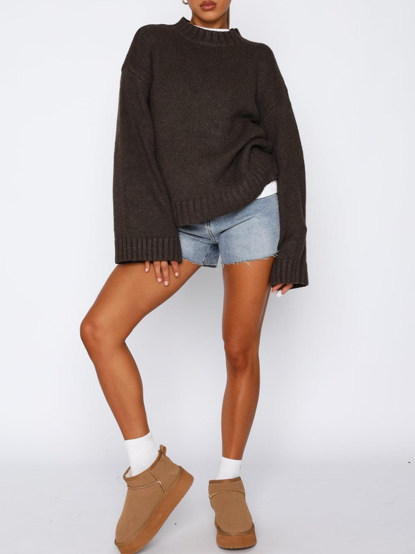 Women's Solid Color Round Neck Long Sleeve Pullover Sweater, Casual Loose Fit Cozy Stylish Basic Everyday Knit Top for Fall & Winter, Ladies Fashion Knitwear, Women Fall Outfit, Winter Sweater for Women, Clothes, Womenswear, Knitting