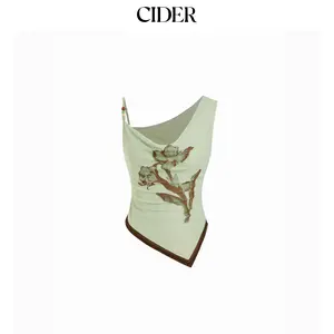 Cider Floral Graphic Asymmetrical Neck Beaded Top SummerWins Dealsforyou