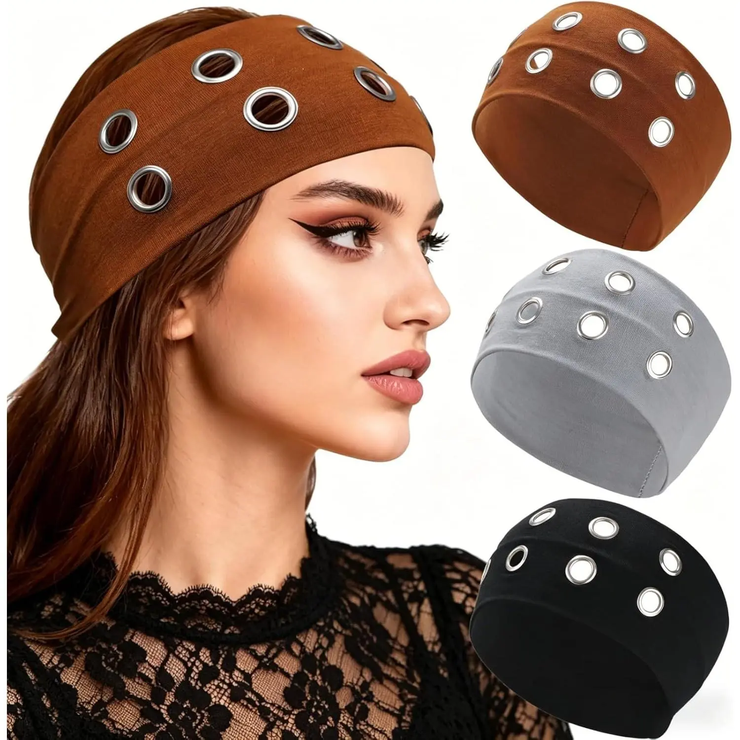 3 Pcs Punk Hollowed Out Eyelets Grunge Wide Headbands for Women Stretchy Metal Rock for Sports Casual Hair Bands Y2K Daily Hair Accessories