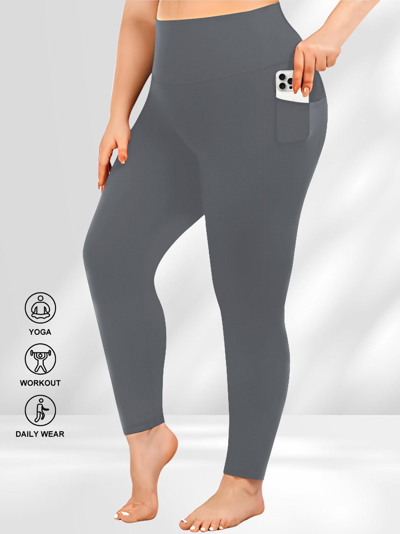 Plus Size Solid High Waist Sports Comfy Gym Workout Leggings with Pocket, Summer Outfits, Casual High Stretch Skinny Pants for Women, Soft Comfortable Women's Bottoms for All Seasons, Stretchy Workout Leggings