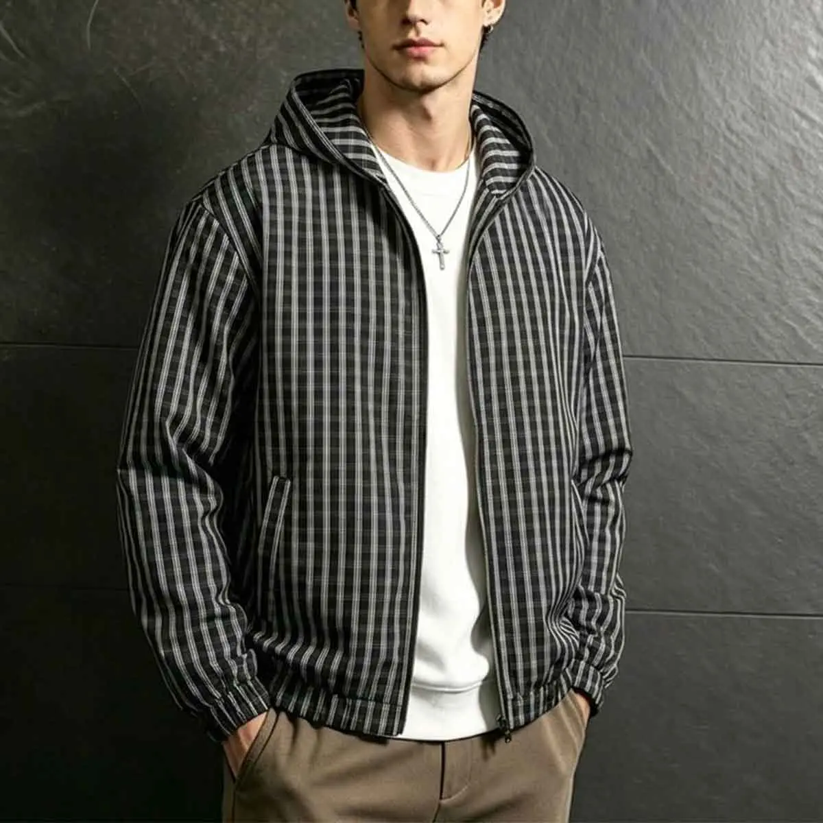 Men's long sleeved hooded zipper jacket with clean checkered pattern, lightweight jacket with elastic cuffs and hem, classic casual style, suitable for short trips in spring and autumn weekends, home and daily relaxation.