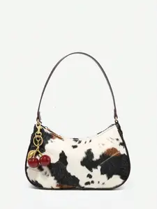 American Retro Cow Print Plush Crossbody Bag, Dual Straps, Versatile Street Style, Casual PU Material, Perfect for Commute and Fashion, Fashion Crossbody Purse