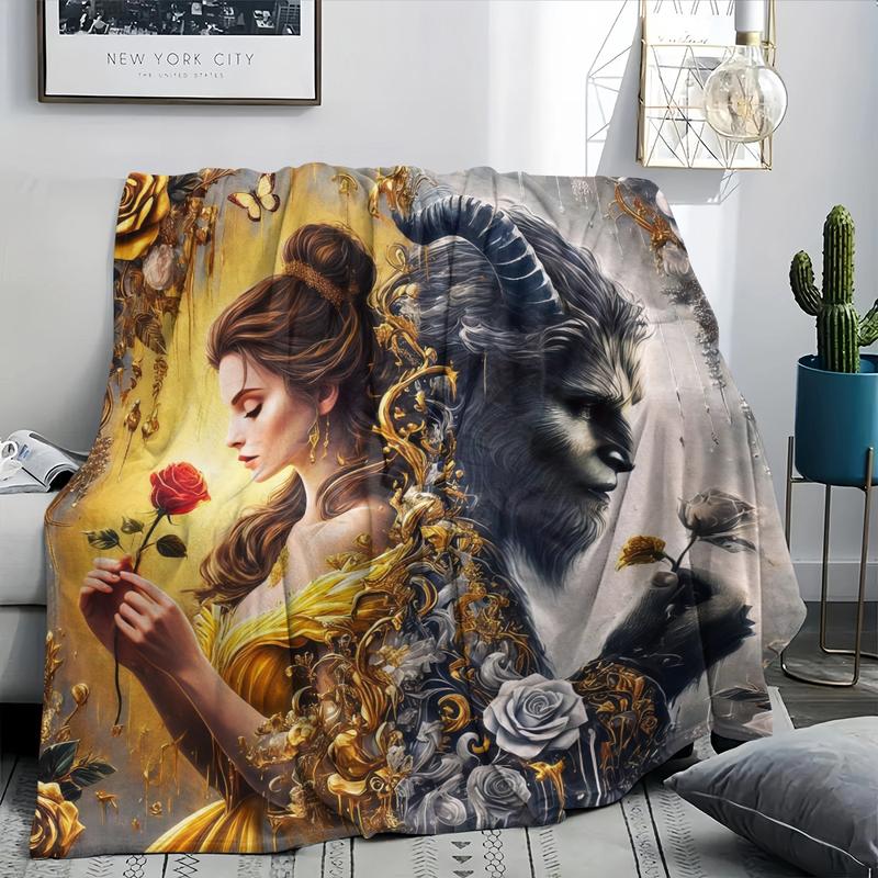 Beauty and Beast Flannel Blanket, Romantic Couple Design, Warm Cozy Throw, Creative Digital Print, Holiday Gift, Multi-Purpose