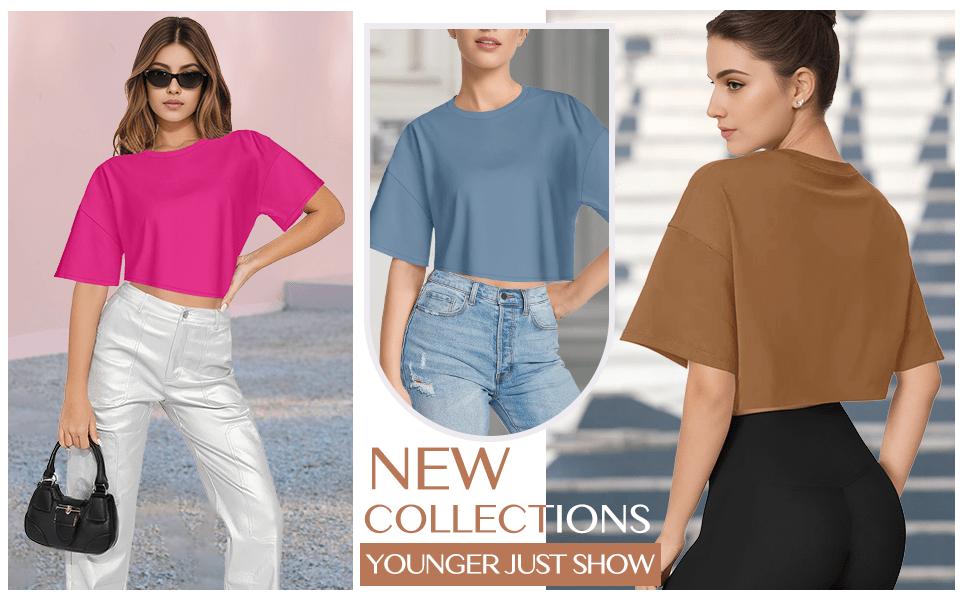 Women's basic cropped top, drop-shoulder T-shirt, short-sleeved, round neck, casual summer solid color cropped top