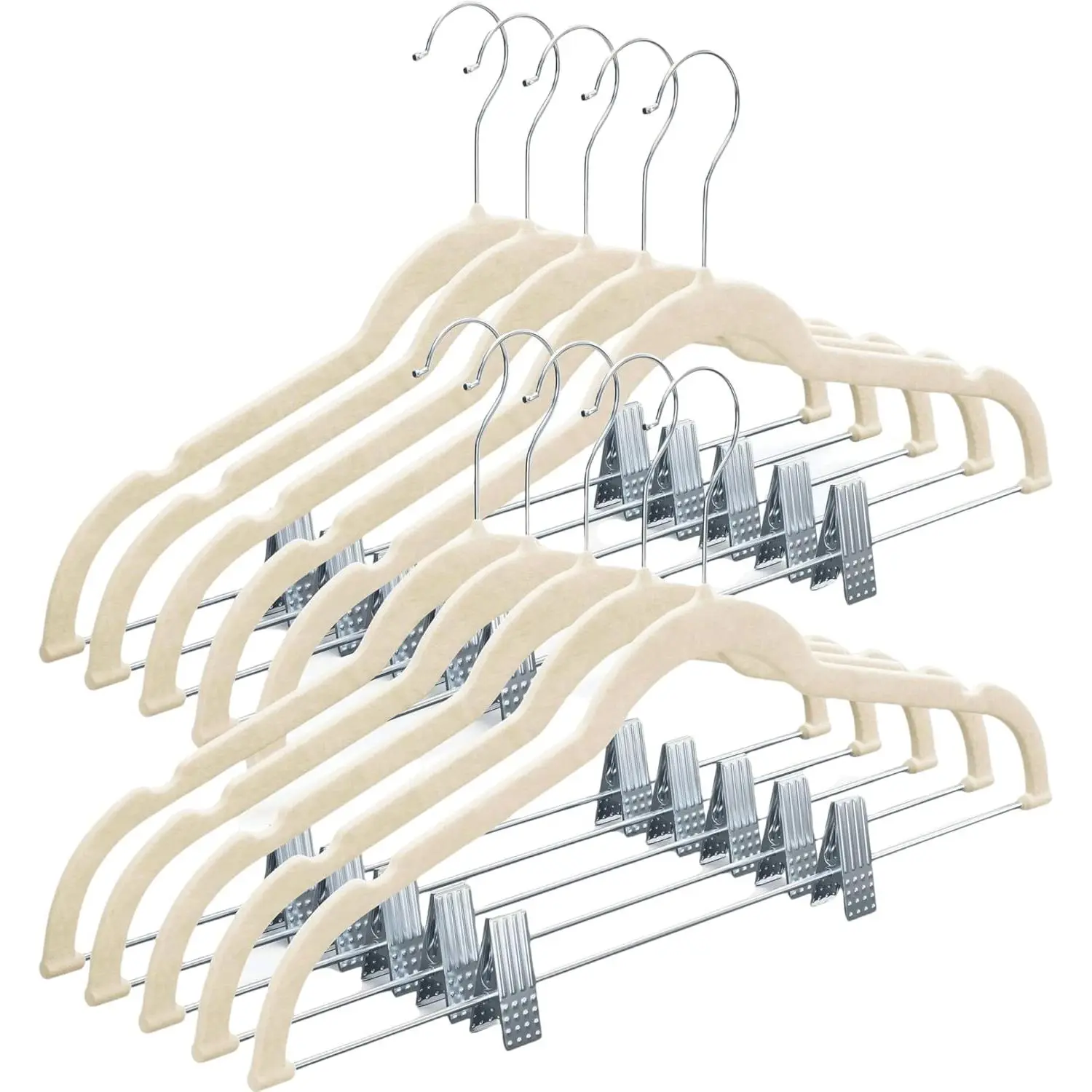10 Pack Velvet Hangers with Clips - Ivory Pants & Skirt Hangers - Ultra Thin No Slip Space-Saving for Pants, Skirts, Coats, Dresses, Tank Tops, Clothes