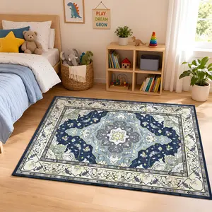Blue Persian Floral Flannel Traditional European Area Rug #PersianStyleRug #BlueFloralFloorMat #OrnateVintageCarpet #FlannelHomeDecor