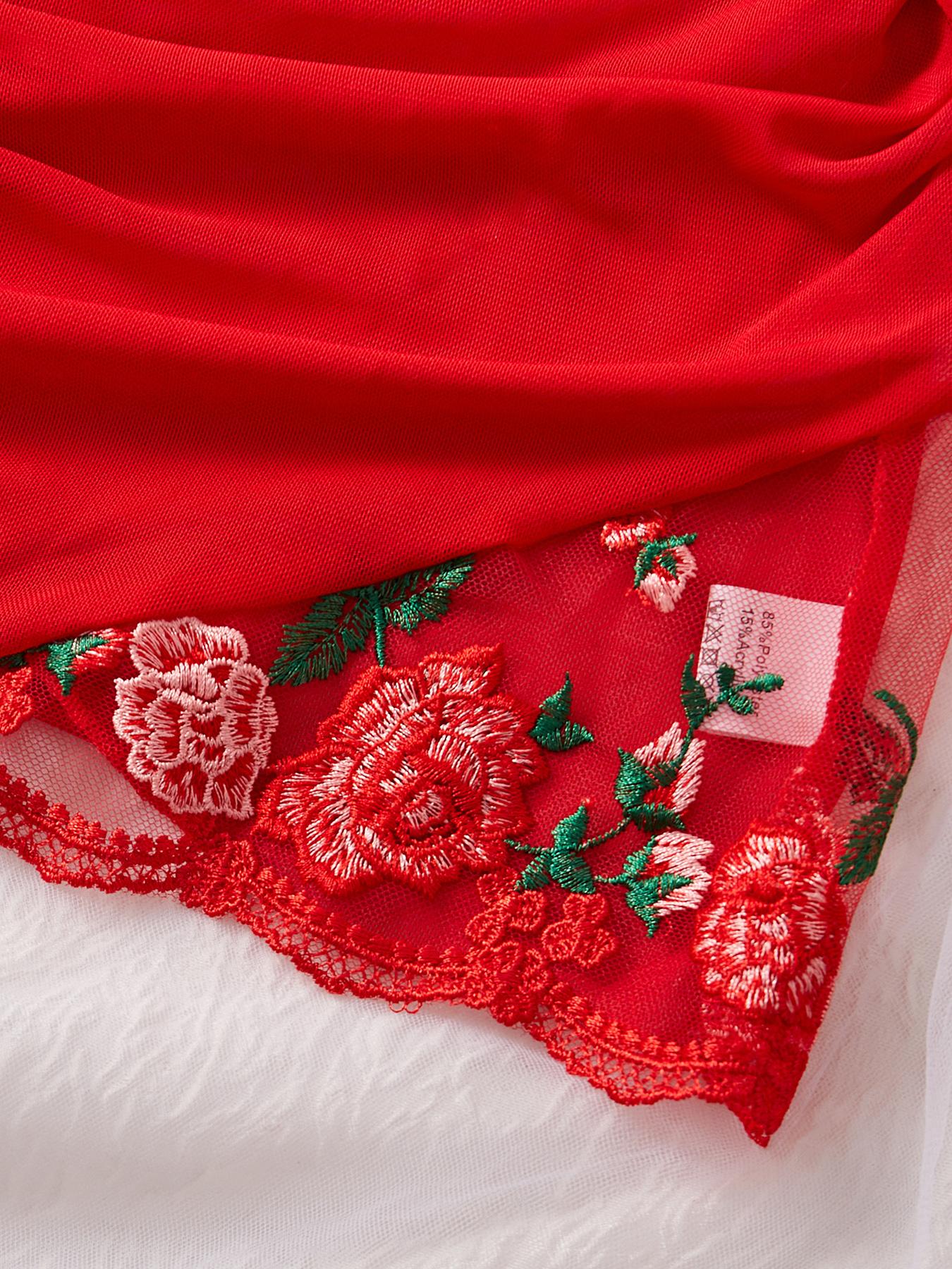 Women's Sheer Lace Sleeveless Rose Embroidery Nightgown, Floral Lace Sleepwear, Fashionable Home Sleepwear, Sexy Style, Includes T-Shirt Pants