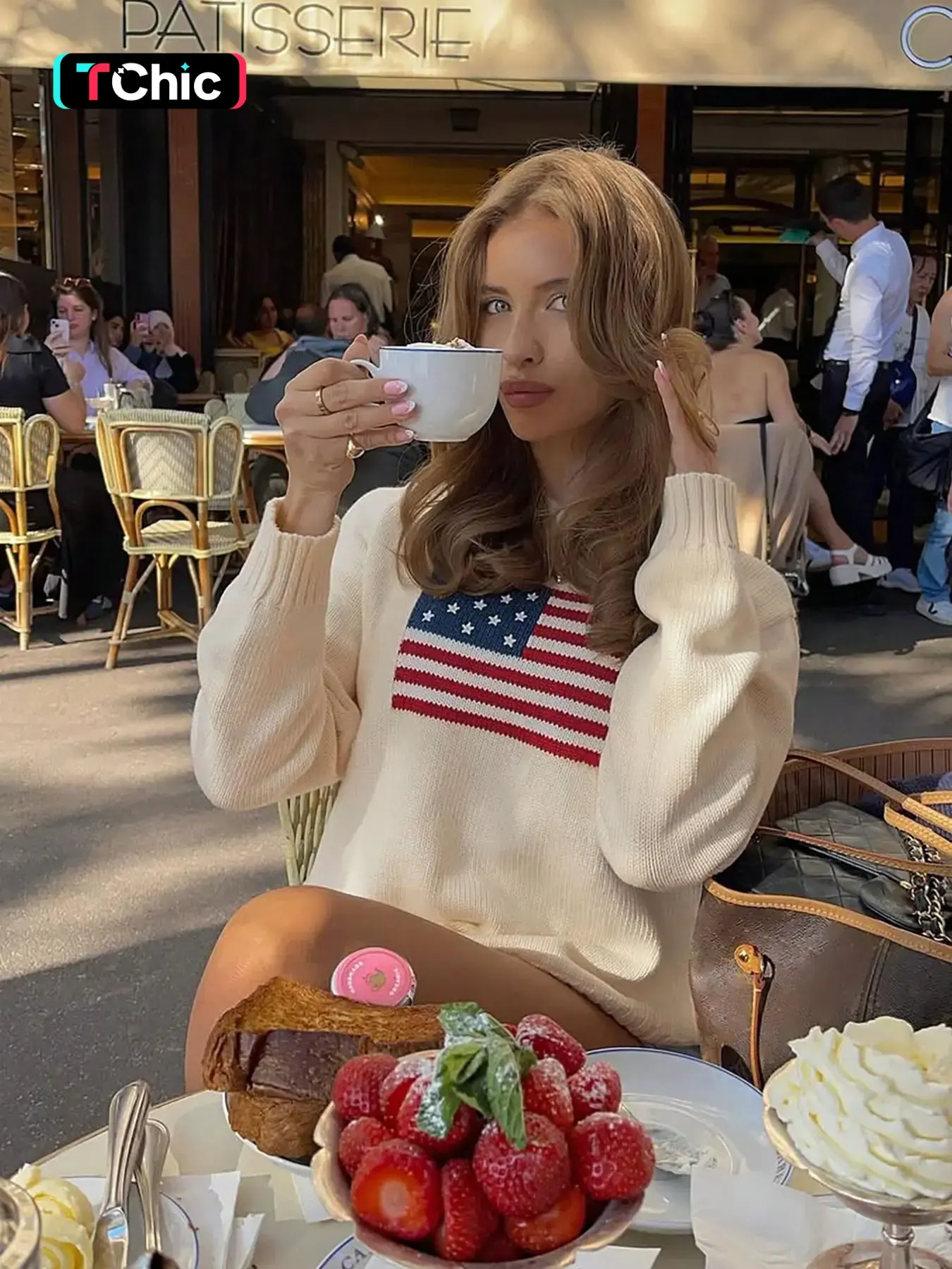 Women's Round Neck American Flag Star Letter Embroidered Cute Casual Baggy Loose Fit Fashion Sweater Top, Long Sleeve, All Seasons, Embroidery