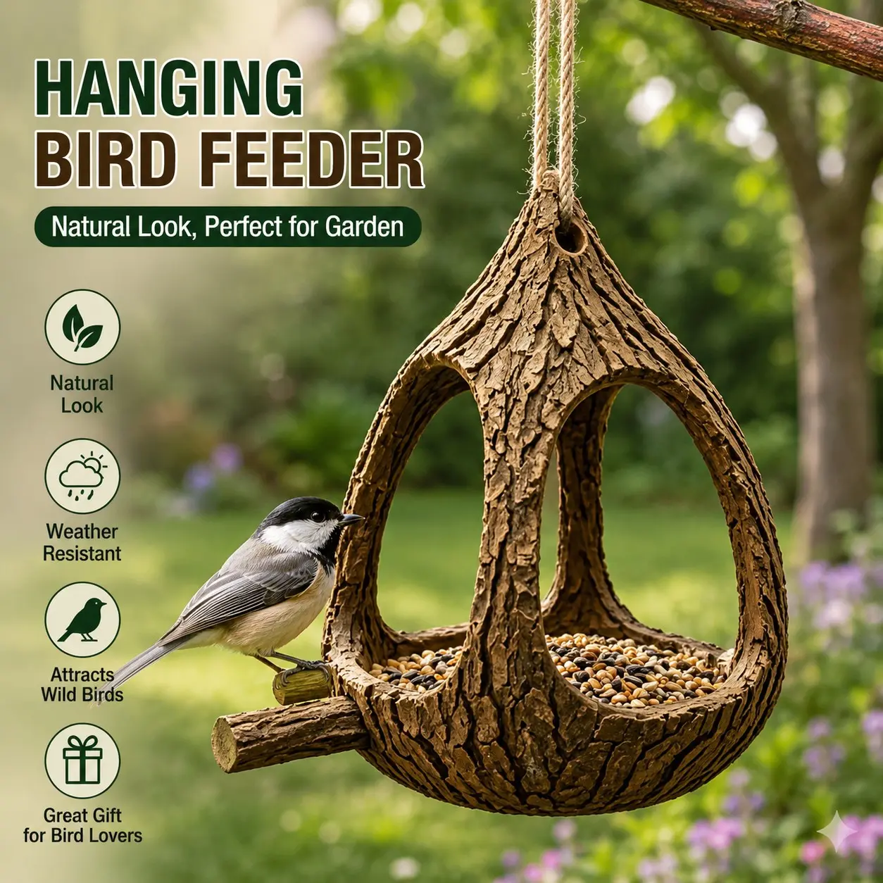 Hanging Resin Bird Feeder with Perch, Weatherproof Outdoor Bird Feeder for Garden, Patio & Backyard, Decorative Wild Bird Food Holder, Bird Feeders for Outdoors Hanging