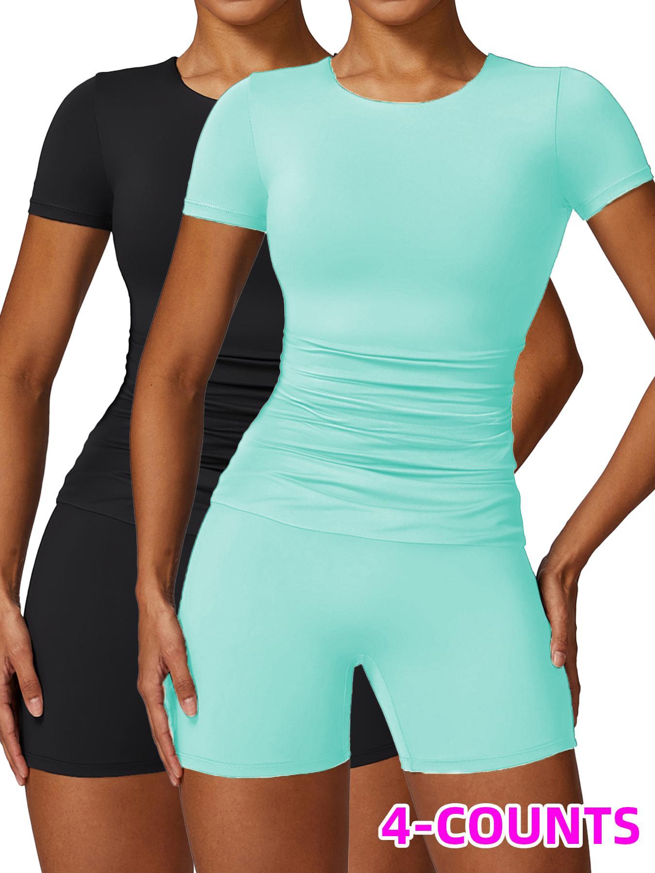 Two-Piece Set Women's Solid Round Neck Tee & High Waist Biker Shorts Athletic Tracksuit Set, Casual Short Sleeve T-shirt & Skinny Shorts, High Stretch Activewear, Ladies Sportswear Yoga Outfit Set for Indoor Outdoor Wear Athletic Workout Set