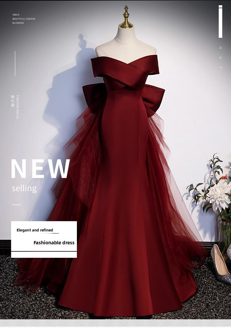 2026 New Style Wine Red Fishtail Toast Dress, Female Vocal Music Art Exam Evening Dress, Annual Party Host Off-the-Shoulder Light Wedding Dress