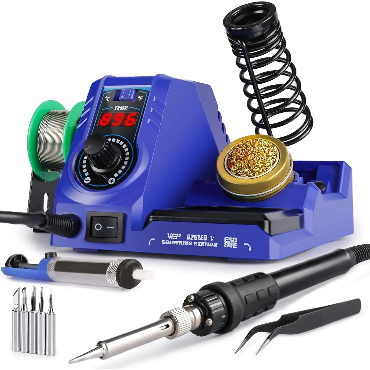 WEP 926LED V3 Soldering Station 130W MAX Soldering Iron Kit with Solder Wire, 5 Soldering Tips, Tweezers,, Tip Cleaner, Temperature, Sleep Mode, C-F Conversion