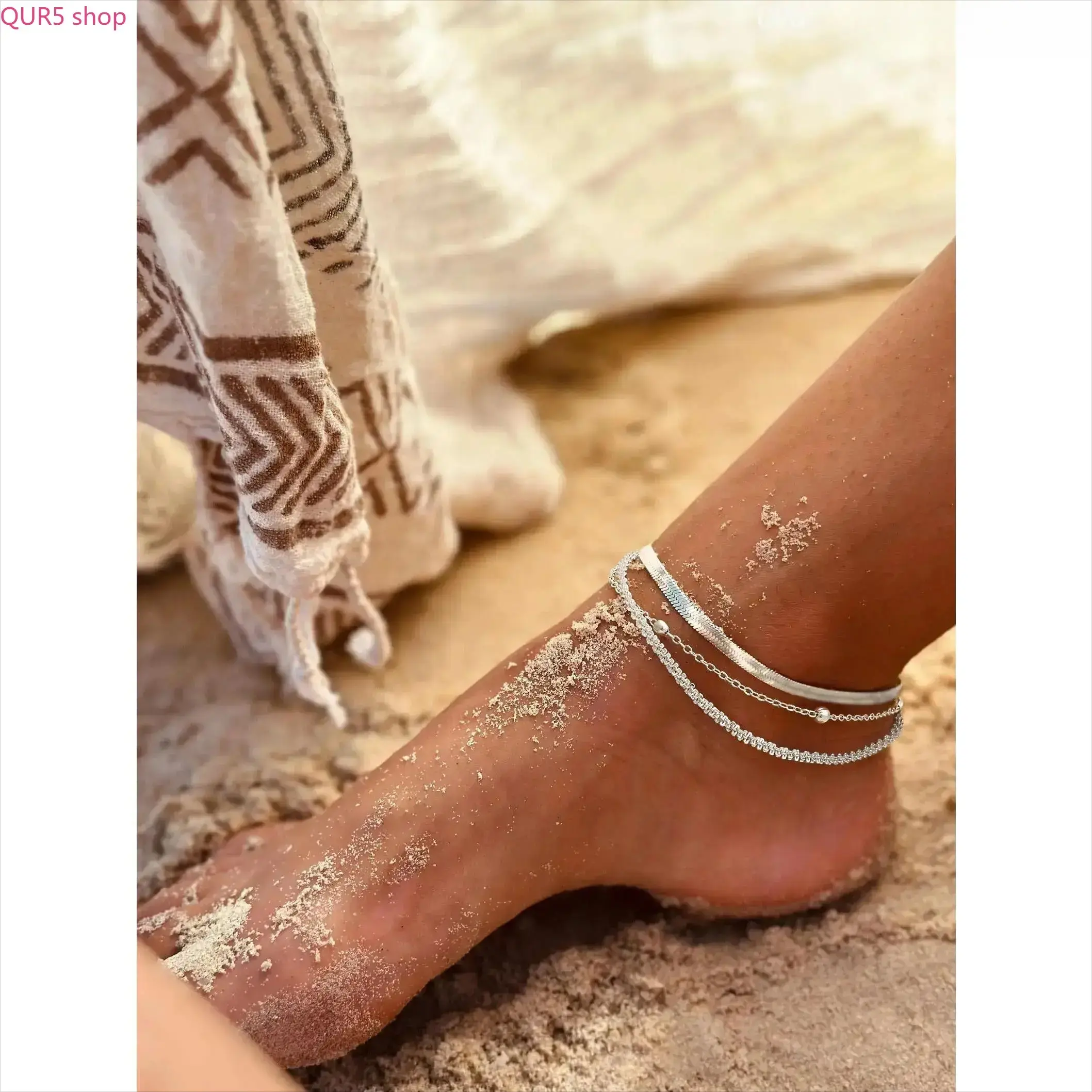 Dainty Waterproof Silver Layered Anklet Set For Women, Adjustable Double Strand Herringbone And Beaded Rope Chain Jewelry For Summer Beach Wear And Holiday Gifting