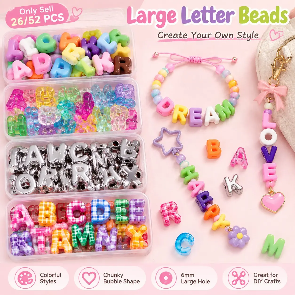 26/52 Pcs Large Letter Beads, Acrylic Chunky Bubble Alphabet Beads With Large Hole Design, Colorful Candy Color Letter Charms, DIY Beading Supplies For Paracord Keychains, Bag Charms, Bracelets, Necklaces And Personalized Jewelry Crafts