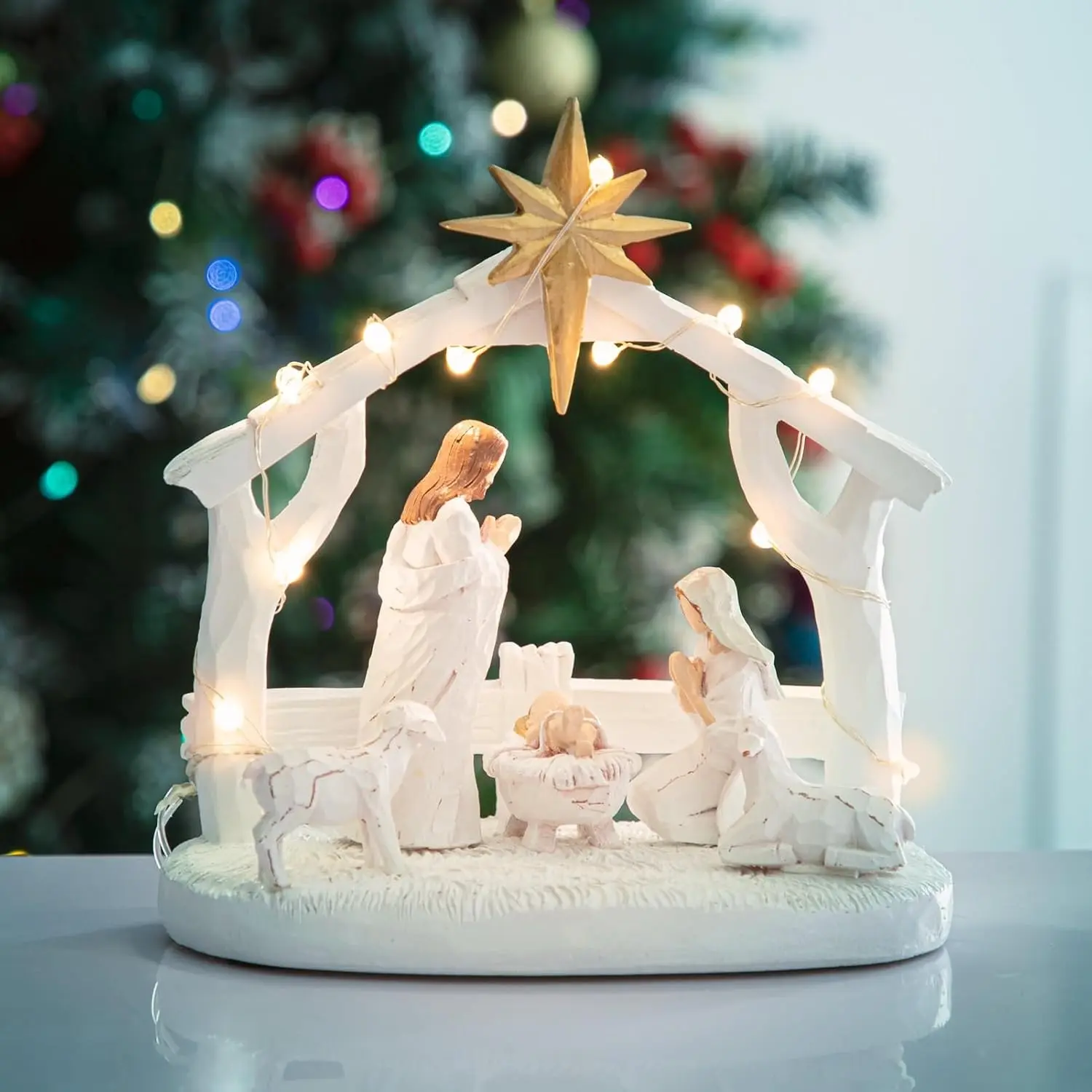 Nativity Scene with Lights, Sculpted Hand Painted Nativity Figurine, Holy Family Manger Scene Nativity Sets for Christmas Indoor Tabletop Decorations