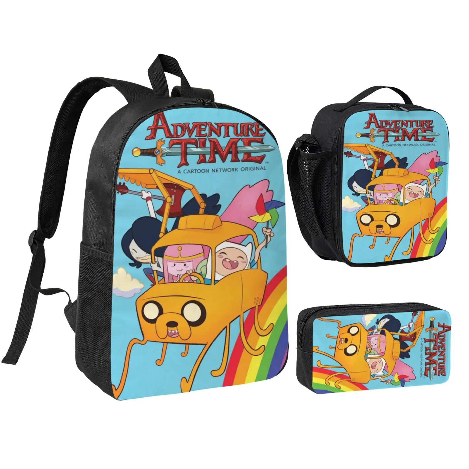 3Pcs Anime Adventure Time2 School Backpack Combo Set for Teen Boys & Girls, Ergonomic Adjustable Straps Student Bookbag with Insulated Lunch Box and Large Capacity Pencil Case, Daypack for School, Travel & Office Daily Use