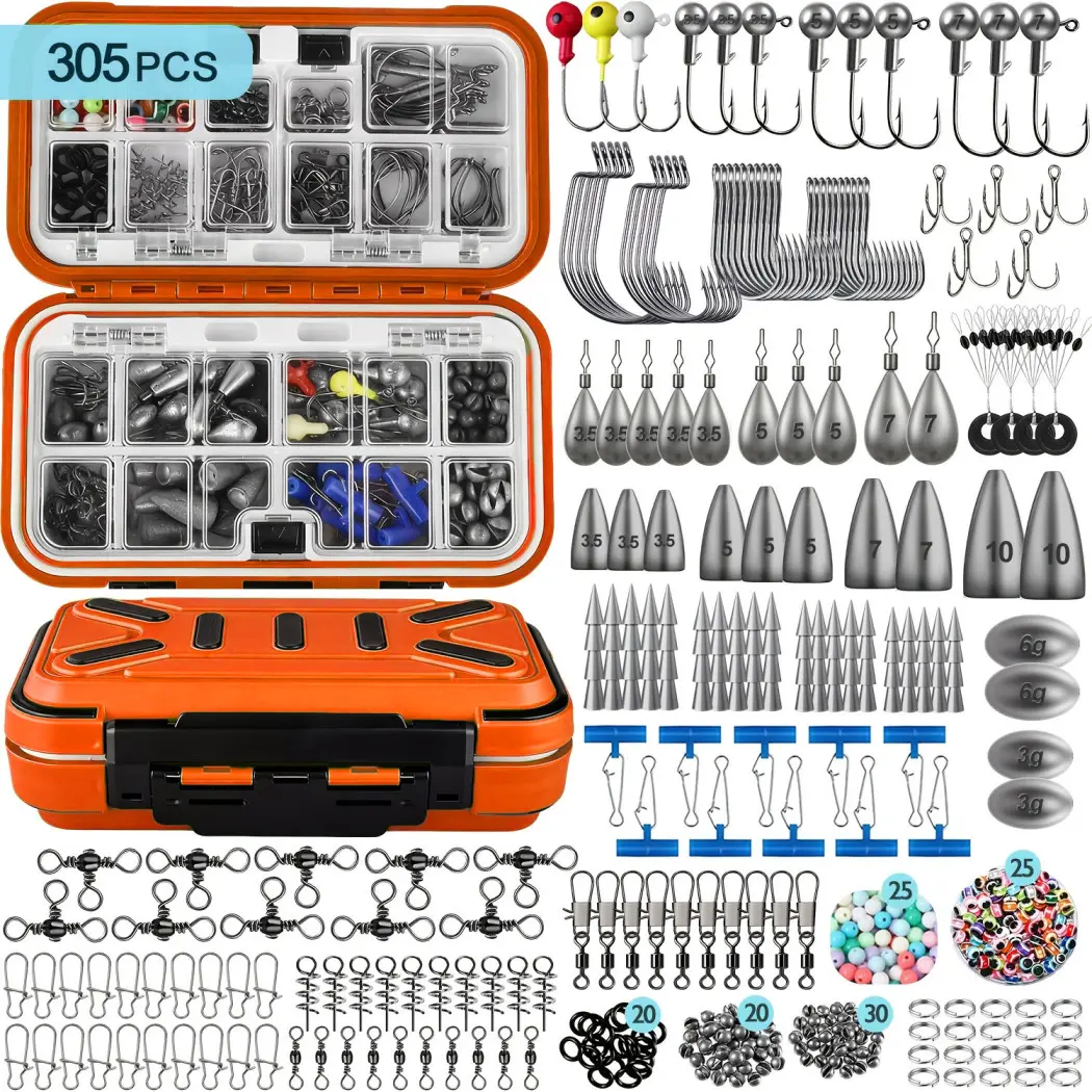 305-Piece Fishing Tackle Box Kit - Terminal Tackle Set with Hooks, Weights Sinkers, Spinner Blades - Essential Fishing Accessories for Bass, Trout