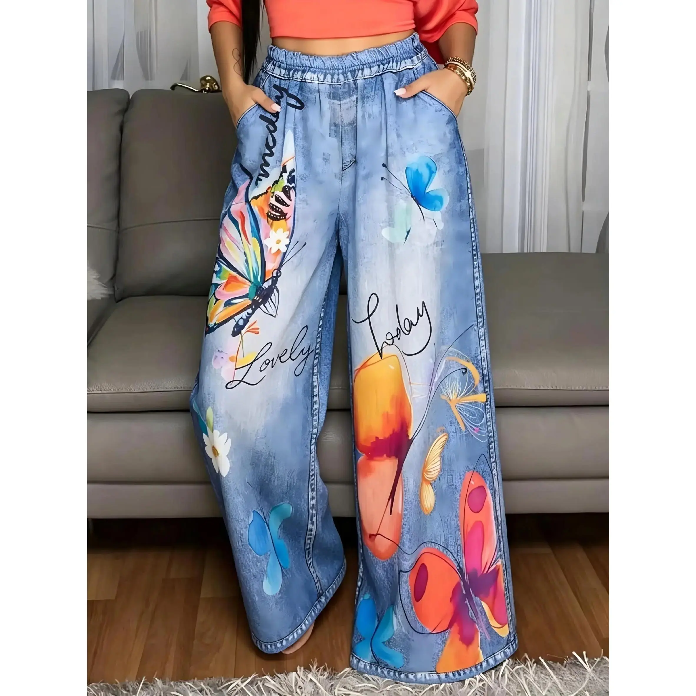 Women's Butterfly Print Baggy Jeans, High-Waisted Casual Street Style Pants with an Elastic Band and Loose Slim Fit