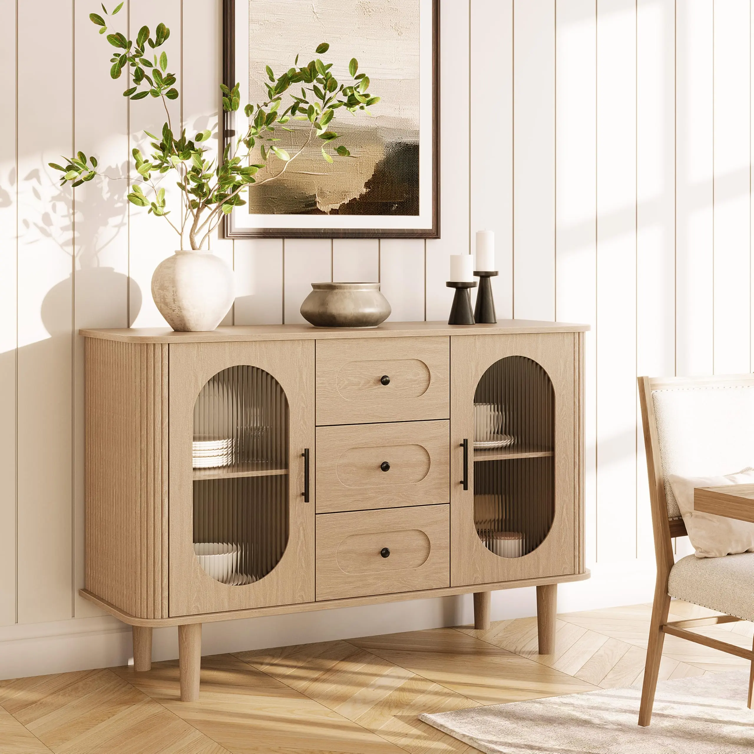✨ 47.2" Modern Sideboard Cabinet with Fluted Glass Doors & 3 Drawers – Adjustable Shelves, Sturdy Storage Credenza for Kitchen, Dining Room & Entryway! 🏡