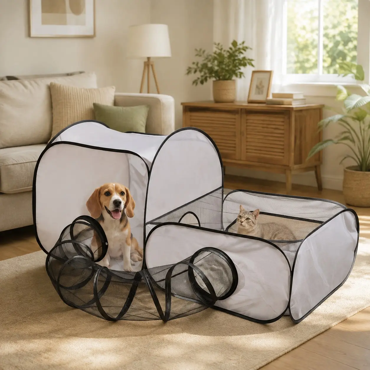 Portable Cat Tunnel Fence, Breathable Soft Tunnel, Indoor Outdoor Pet Enclosure, Cat Bed for Cats and Small Dogs, Includes Carry Bag