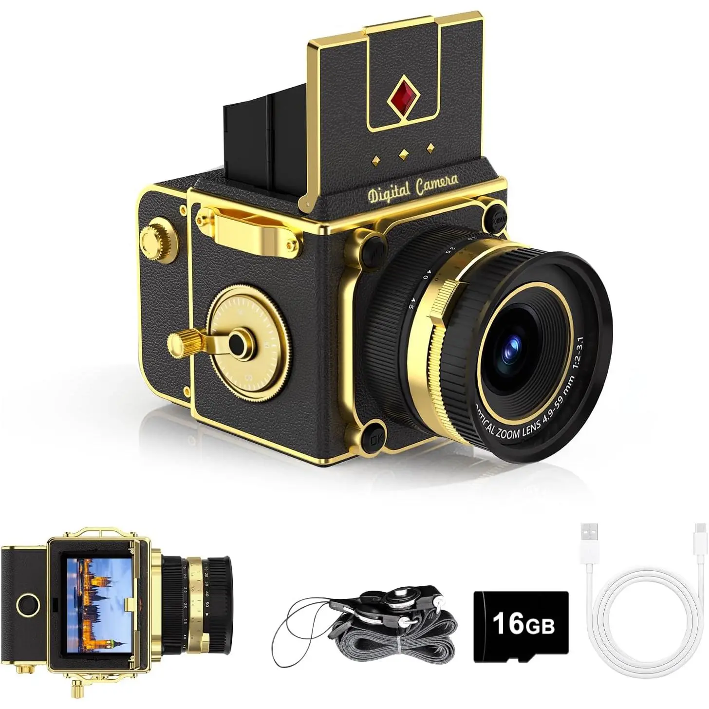 Digital Camera, 64MP 2.7K Retro Point and Shoot Camera with Autofocus, 2" IPS -Level Screen & 16GB TF Card, 16X Zoom Compact Photography Camera for Beginners  Black