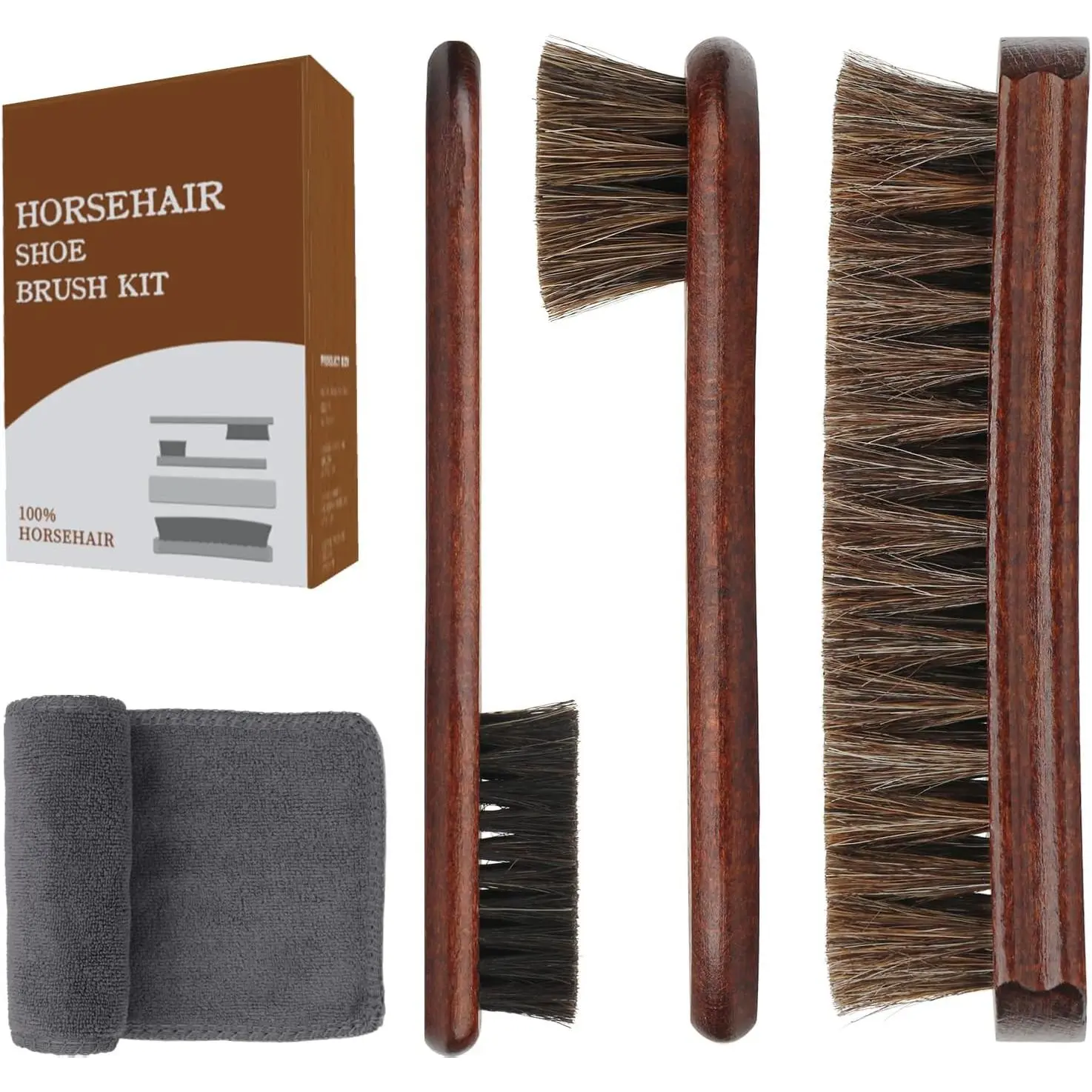 4-  Horse Hair Shoe Brush Kit  Dauber Applicators Leather Care Cleaning Set with Polishing Brushes and Microfiber Cloth for Leather Suede Shoes Boots Bags  Cleaning Polishing