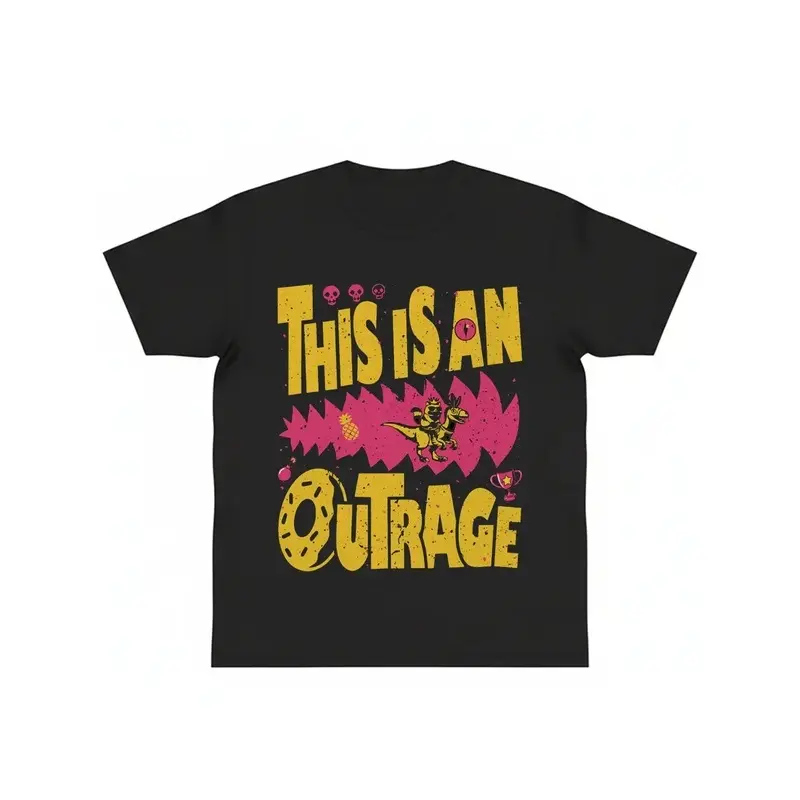 This Is An Outrage Dinosaur Donut Graphic Tee for Men Women Black Cotton T-shirt Summer Casual Funny Vintage Top