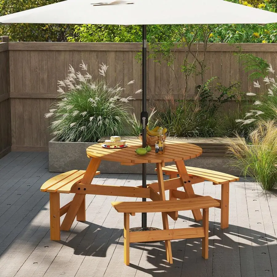 6-Person Round Picnic Table Set W/ 3 Built-In Benches 2'' Umbrella Hole