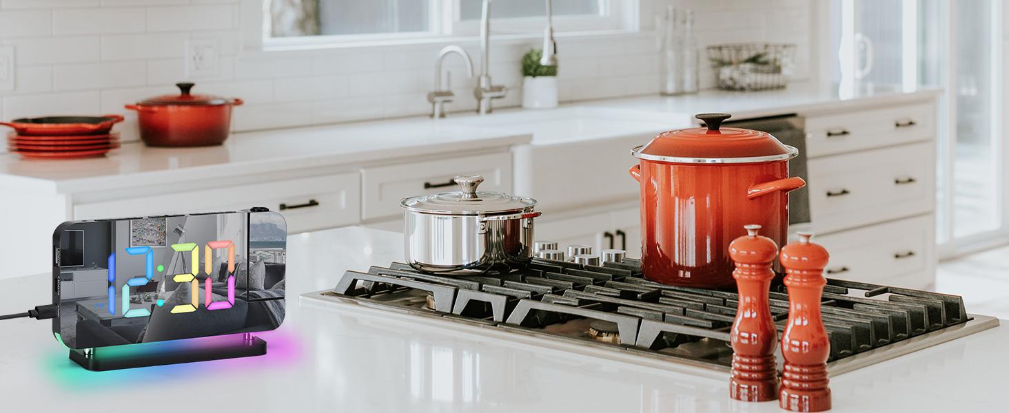 STANDARD GOODS 3C9--MPP024   Projection Alarm Clock, 7.4 in Digital Mirror Clocks,with 180° Rotatable Projector, RGB Night Light,USB C Charger Port, Auto Dimmer, LED Desk Clock for Bedroom - Black