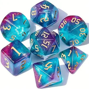 Polyhedral Dice Set, 7 Pieces Acrylic RPG Dice for D&D with Black Velvet Bag – Blue to Purple Gradient with Glitter – Standard Size – Ages 14+