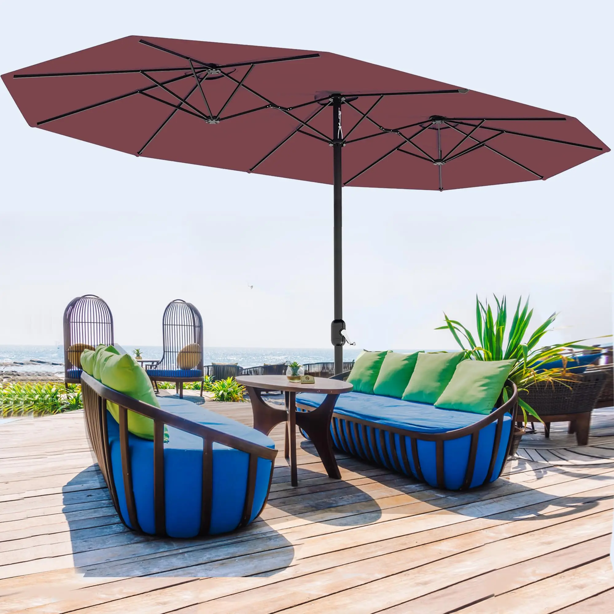 13FT Umbrella Outdoor Patio, Large Patio Umbrellas, Rectangle Market Umbrella with Crank Lift, Large Table Umbrellas for Poolside Deck Market Backyard (Wine Red) ﻿