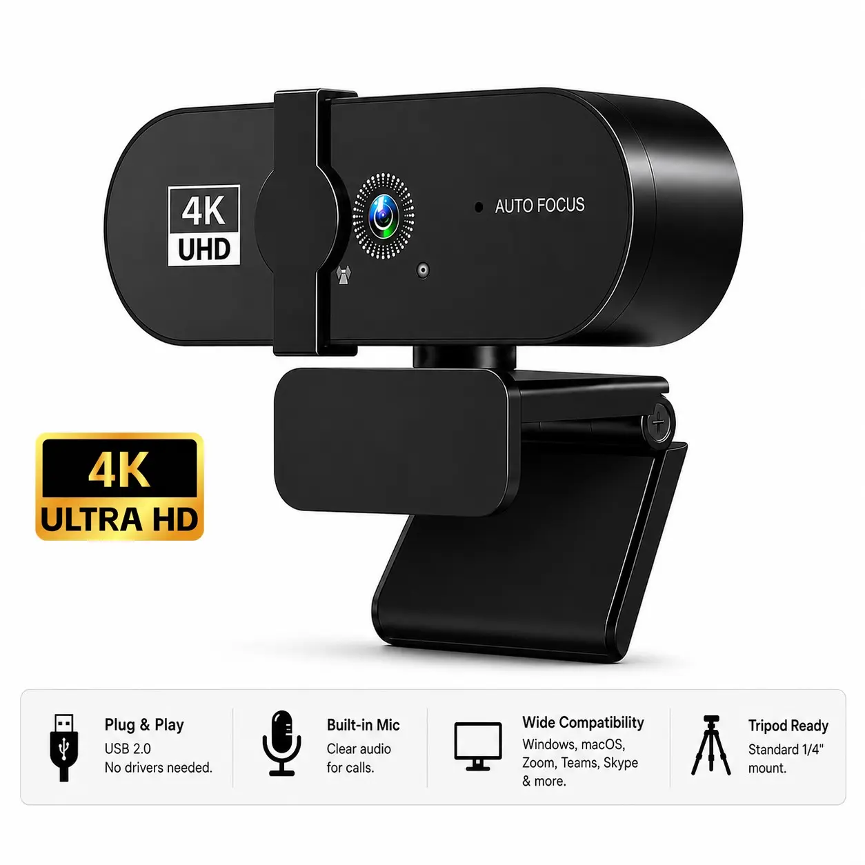 1080P/2K/4K Webcam with Autofocus and Dual Microphones, USB Webcam for PC and Laptop with Privacy Cover, Plug and Play Camera for Streaming, Video Calls, Zoom and Teams