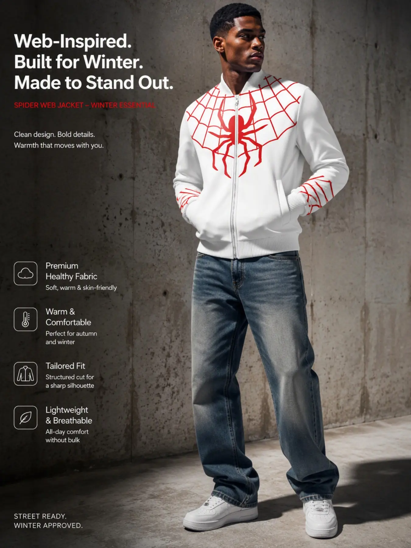 Men's and Spider Web Pattern Zipper Jacket Long Sleeve, Spider Print Baseball Shirt, Fall Winter Retro Baseball Collar Track Coat