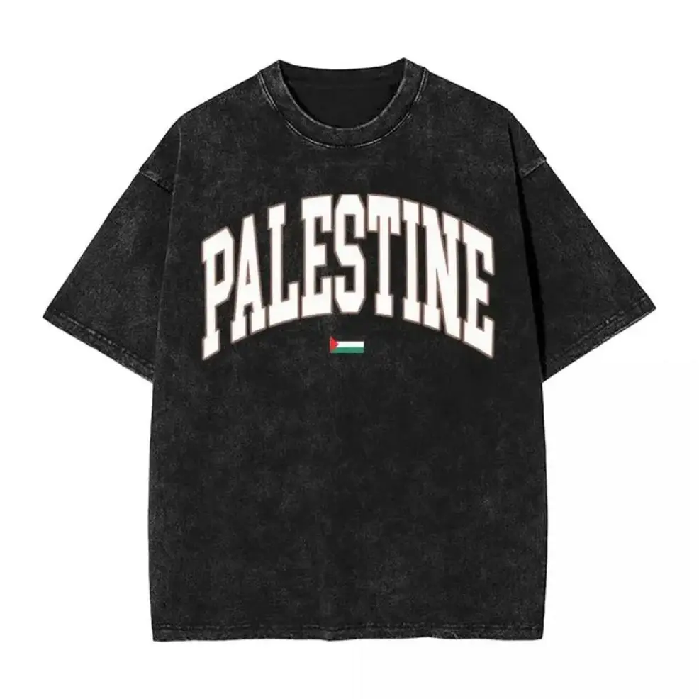 Palestine Flag Graphic Vintage Baggy T-Shirt, Distressed Washed Short-Sleeve Menswear Streetwear, Round-Neck Outdoor Summer Casual Tee for Men-Women, Holiday Gift (Valentine, Father’s Day, Birthday)